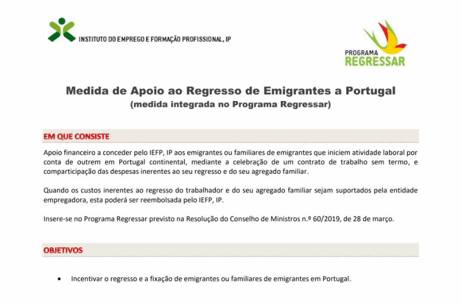 Programa Regressar - Medida de Apoio ao Regresso de Emigrantes a Portugal
