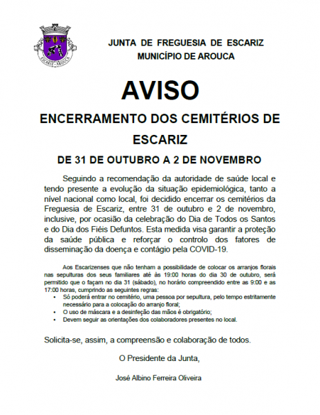 Cemitérios do concelho encerrados de 31 de outubro a 2 de novembro