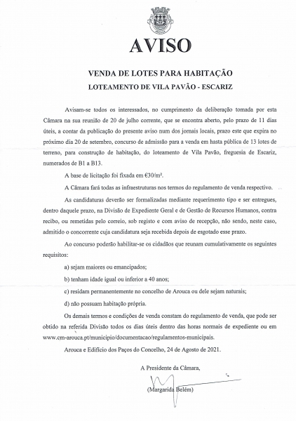 Venda de lotes para habitação - Loteamento de Vila Pavão