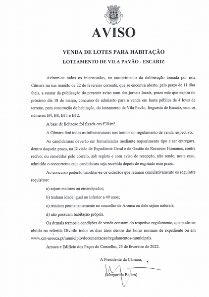 Venda de lotes para habitação - Loteamento de Vila Pavão